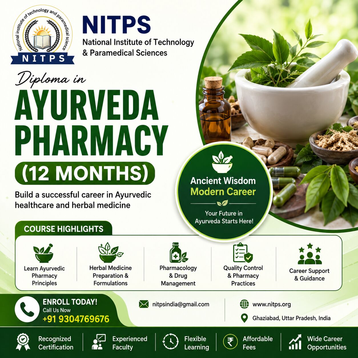 Ghaziabad, Education, Diploma In Ayurveda Pharmacy (12 Months) | Online Course | NITPS