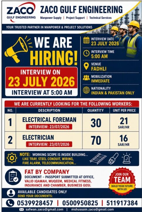 Jubail Industrial City, Jobs, Urgent Requirement Electrician Foreman,