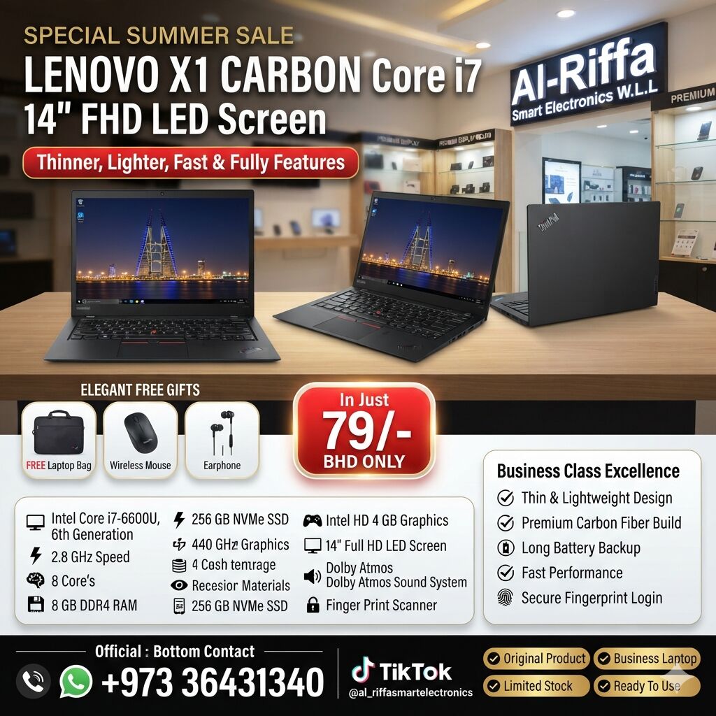 Riffa, Computers, BHD 79,  Lenovo X1 Carbon Thinner Core I7 Laptop (Same Like New) 14" FHD IPS Display Price 79/-BD