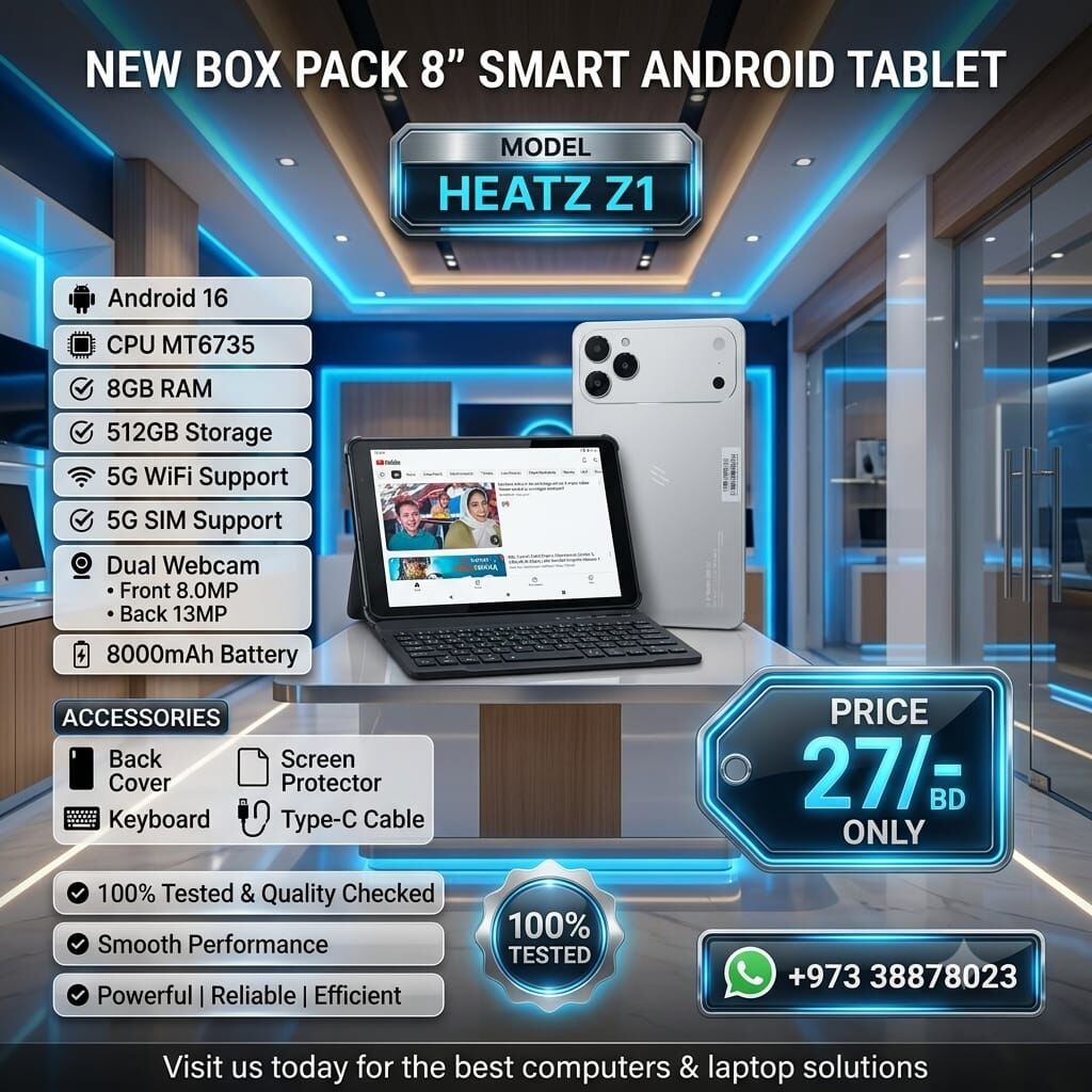 Manama, Computers, BHD 27,  New 8" Smart Android Tablet 8GB RAM + 512GB Storage FREE Case & Keyboard With Warranty