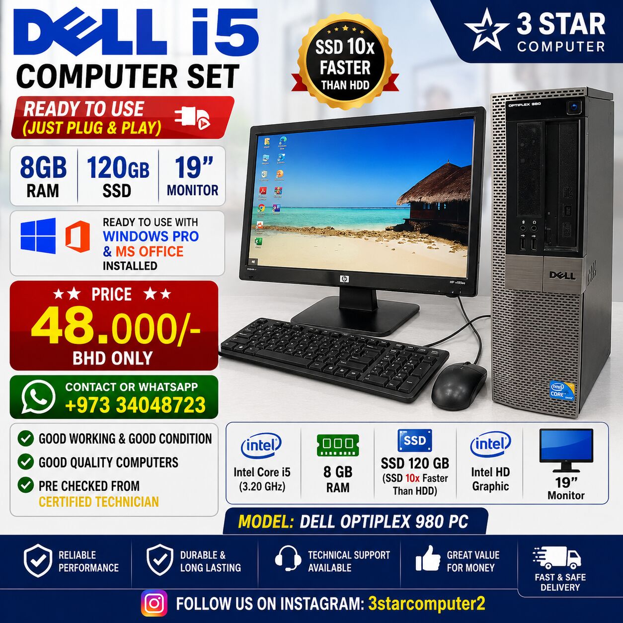 Manama, Computers, BHD 48,  DELL I5 Computer Set 8GB Ram 120GB SSD(SSD 10x Fast) With 19" Monitor Ready To Use
