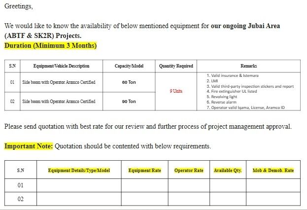 Khobar, Equipment Rental, RFQ - Side Boom (Pipe Layer) With Operator Aramco Certified