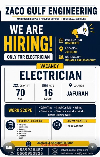 Riyadh, Jobs, Urgent Requirement &ndash; Electrician