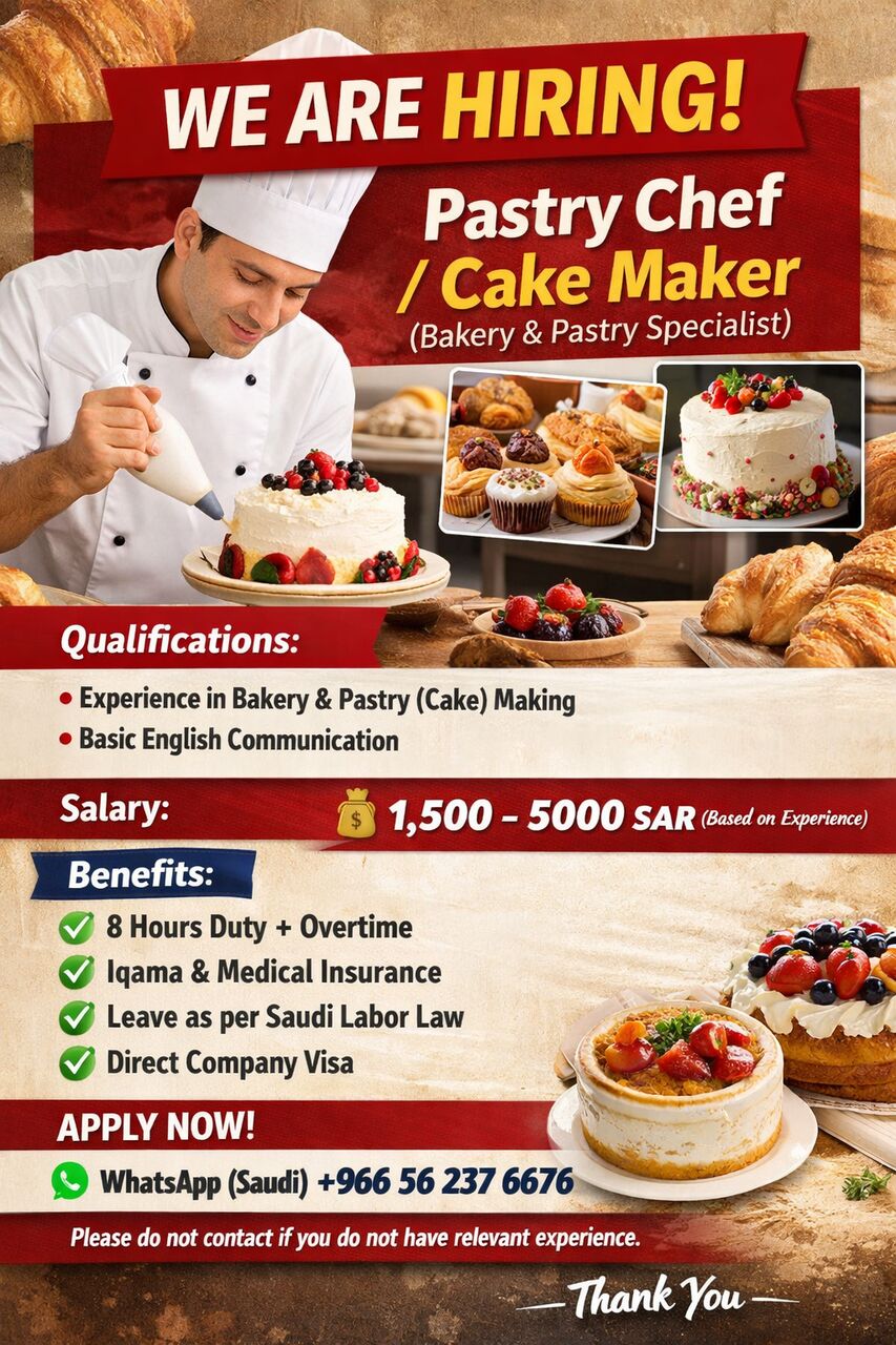Jeddah, Jobs, Baker - Bakery Chef, Pastry Chef