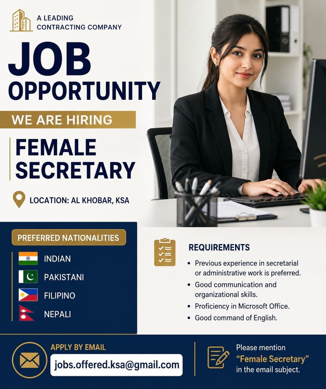 Khobar, Jobs, Female Secretary