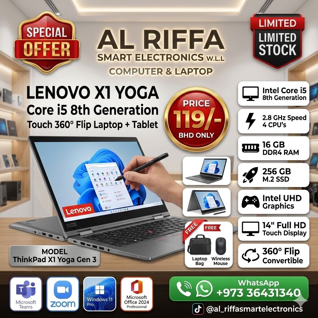 Muharraq, Computers, BHD 119,  LENOVO X1 Yoga Core I5 8th Generation Touch Laptop + Tablet With PEN 14" FHD LED 16GB RAM