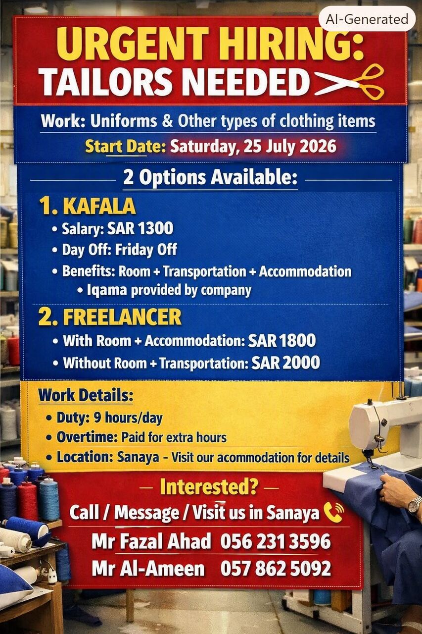 New Industrial City, Jobs, Tailors Urgent Require, Salary