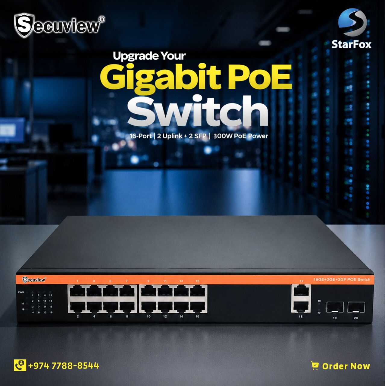 Doha, Electronics, QAR 552,  Secuview 16-Port Gigabit PoE Switch 2 Uplink + 2 SFP |300W PoE Power.