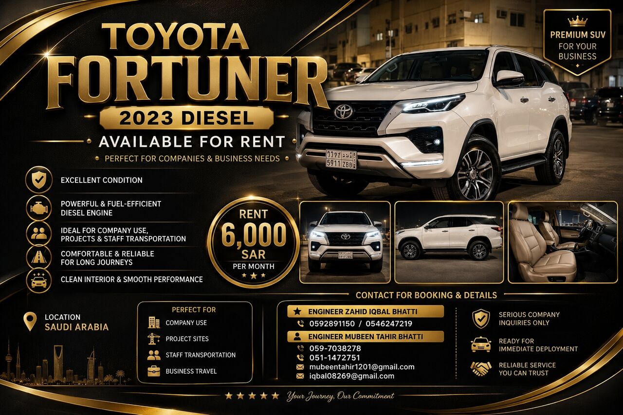 Dammam, Passenger Transport, Tyota Fortuner Diesel 2023 Model Available For Rent