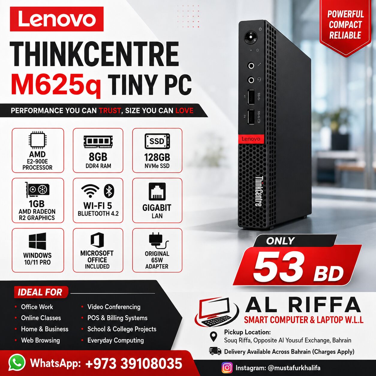Riffa, Computers, BHD 53,  Lenovo ThinkCentre M625q Tiny PC | AMD E2 | 8GB RAM | 128GB NVMe SSD | Only 53 BD