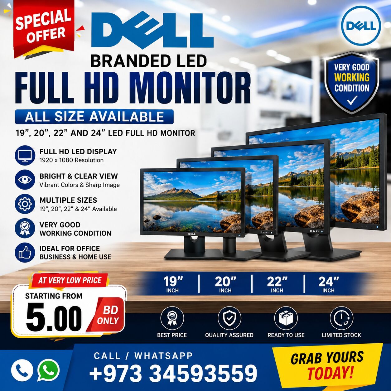 Riffa, Computers, BHD 5,  DELL Branded Monitor 19", 20", 22" And 24" LED Full HD Monitor Available At Very Low Price