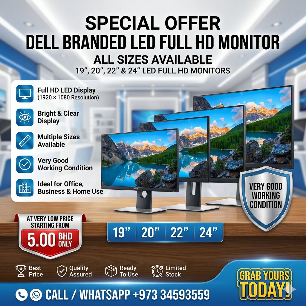Muharraq, Computers, BHD 5,  DELL Branded Monitor 19", 20", 22" And 24" LED Full HD Monitor Available At Very Low Price