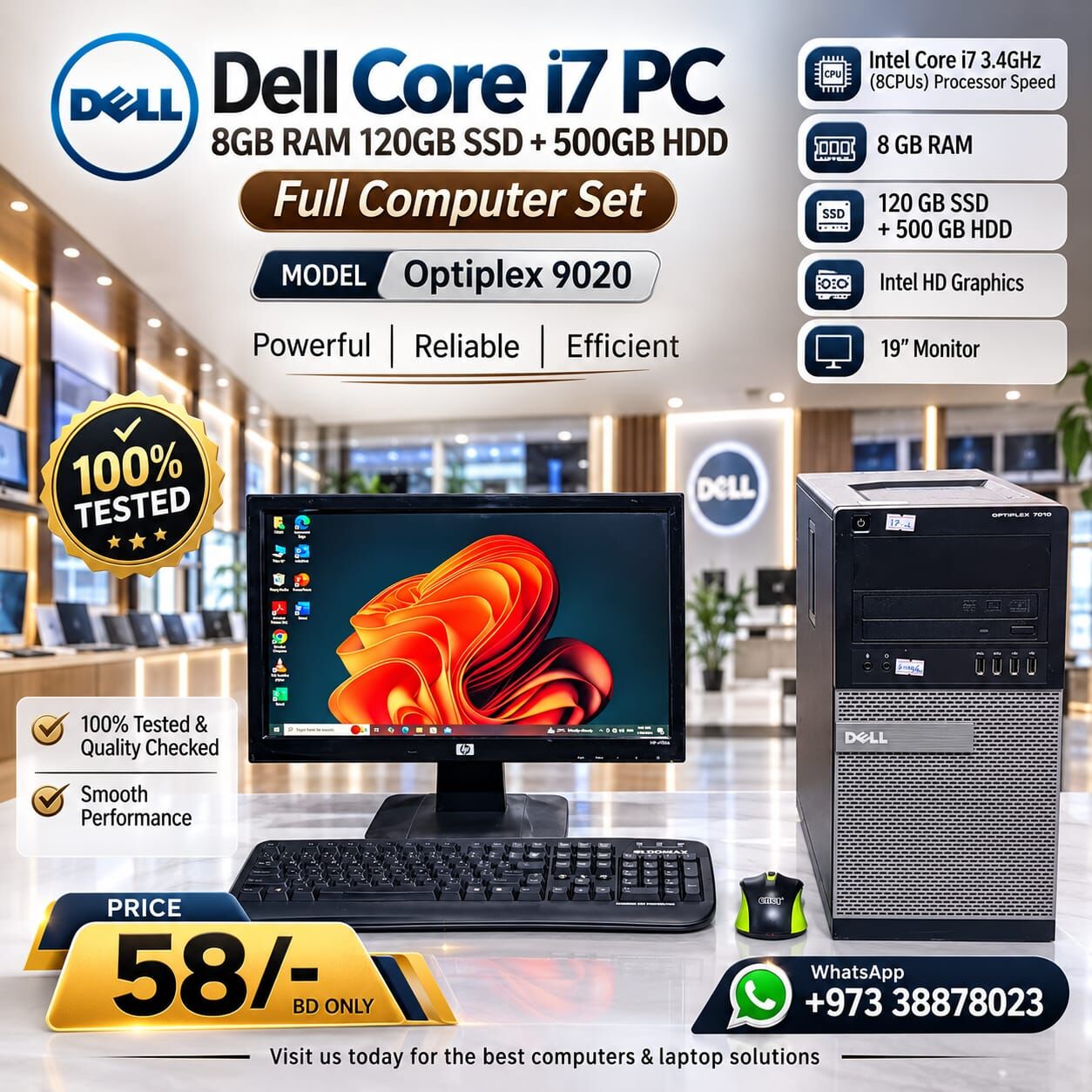 Manama, Computers, BHD 58,  Dell Core I7 3.4Ghz PC 8GB RAM 120GB SSD + 500GB HDD 19" Monitor OS 11 & Office 2024 Ready