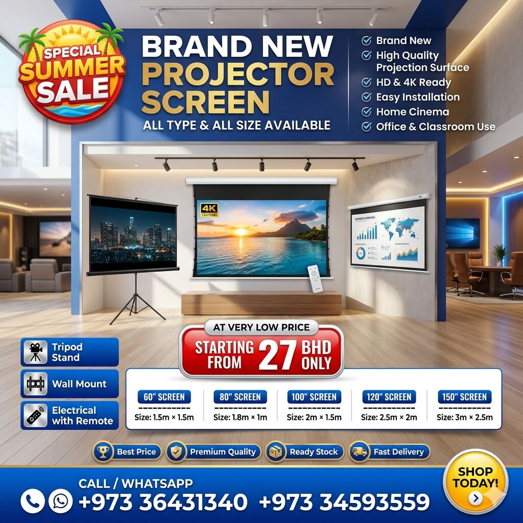 Muharraq, Computers, BHD 27,  Brand New Projector Screen Box Pack All Type & All Size Available At Good Price 34593559