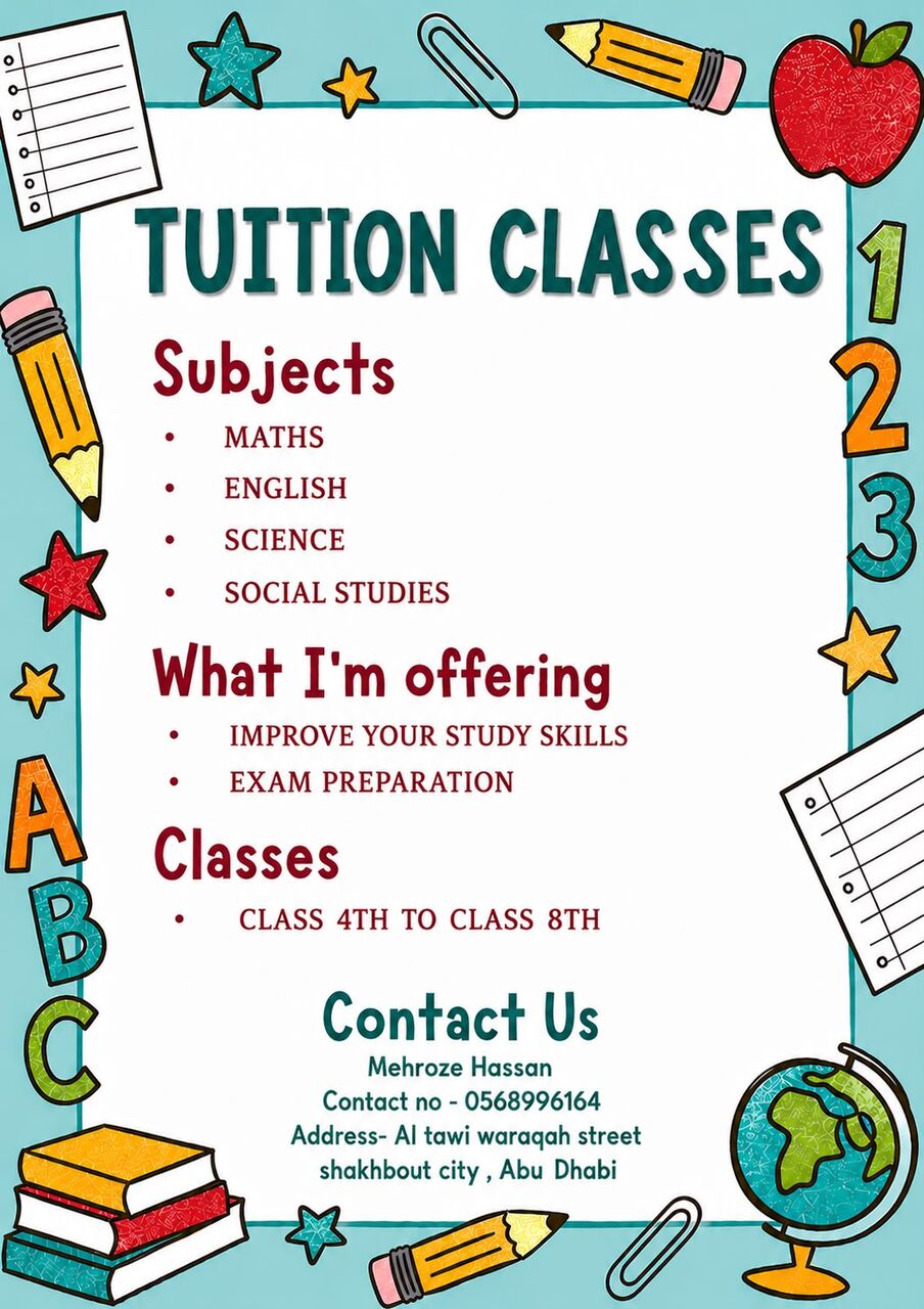 Abu Dhabi, Lessons Offered, Tution Classes Fro Kids From Class 5 To 8