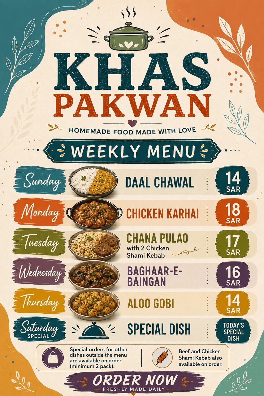 Khobar, Food, SAR 14,  Homemade Food - Weekly Menu - Daily Available