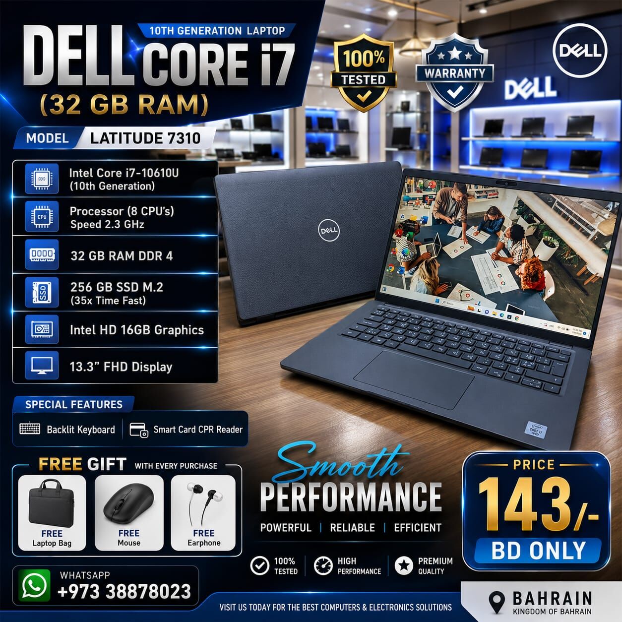 Manama, Tablet Computers, BHD 143,  Dell I7 32GB RAM 10th Gen Laptop 16GB Graphic M.2 SSD 35x Fast Free Bag, Mouse, Earphone