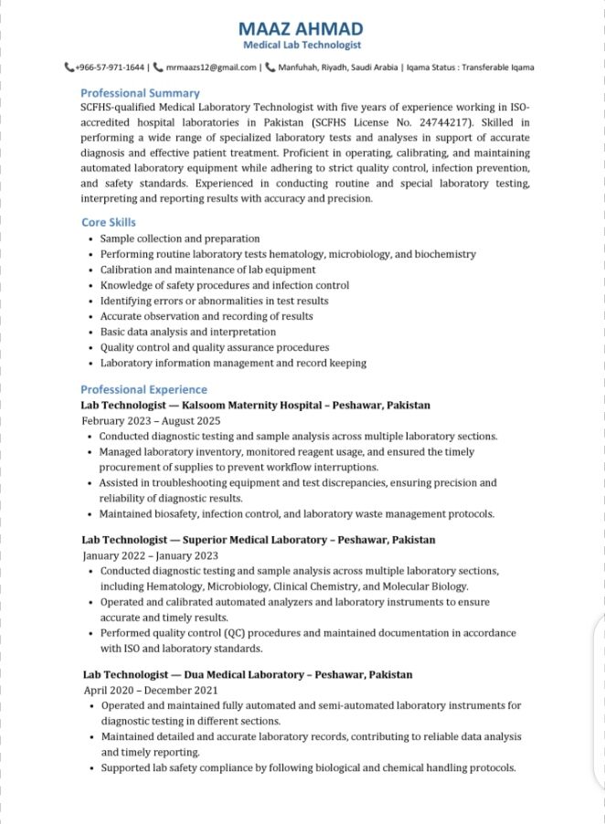 Riyadh, Job Seekers, Medical Laboratory Technician