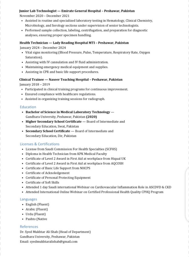 Riyadh, Job Seekers, Medical Laboratory Technician