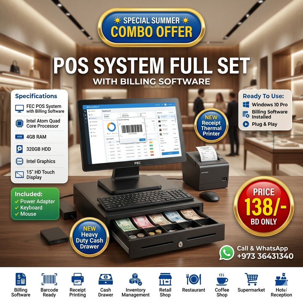 Muharraq, Computers, BHD 138,  POS System Full Set Ready To Use With Software & New Receipt Printer + New Cash Drawer