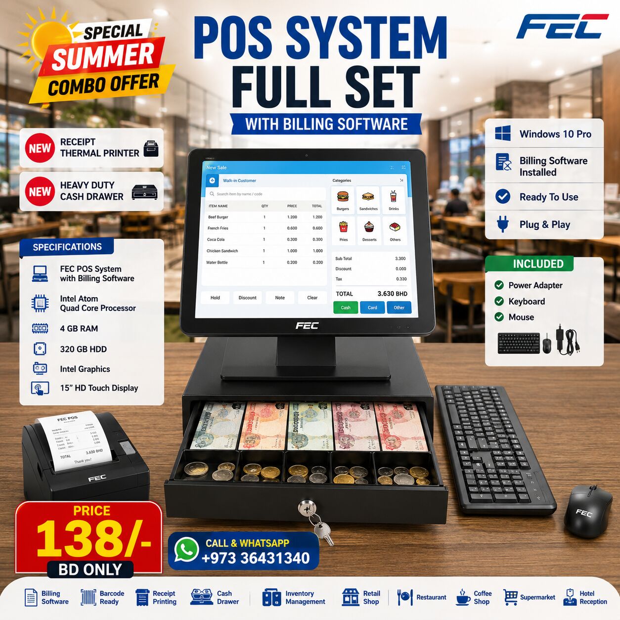 Riffa, Computers, BHD 138,  POS System Full Set Ready To Use With Software & New Receipt Printer + New Cash Drawer