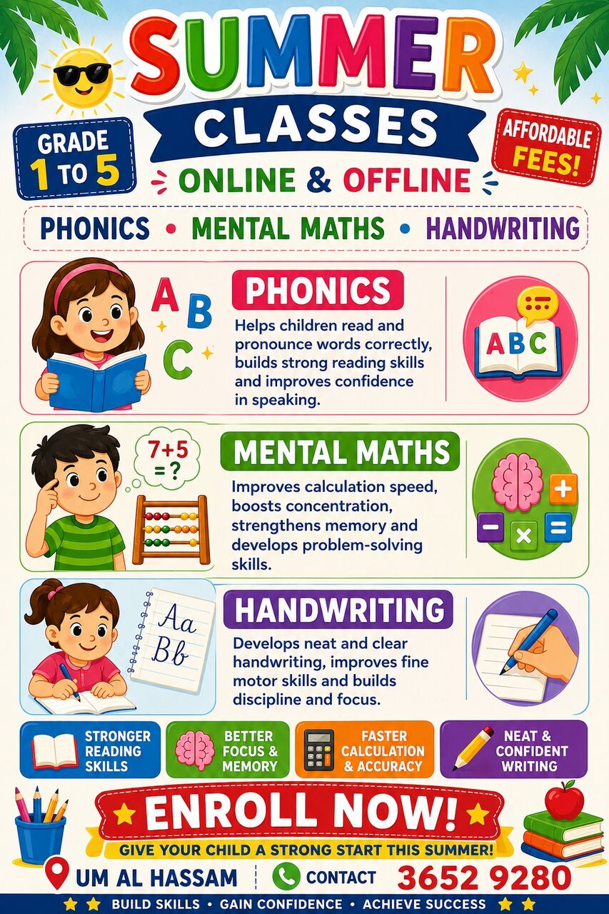 Manama, Lessons Offered, ✍️ Phonics • Mental Maths • Handwriting.Summer Classes