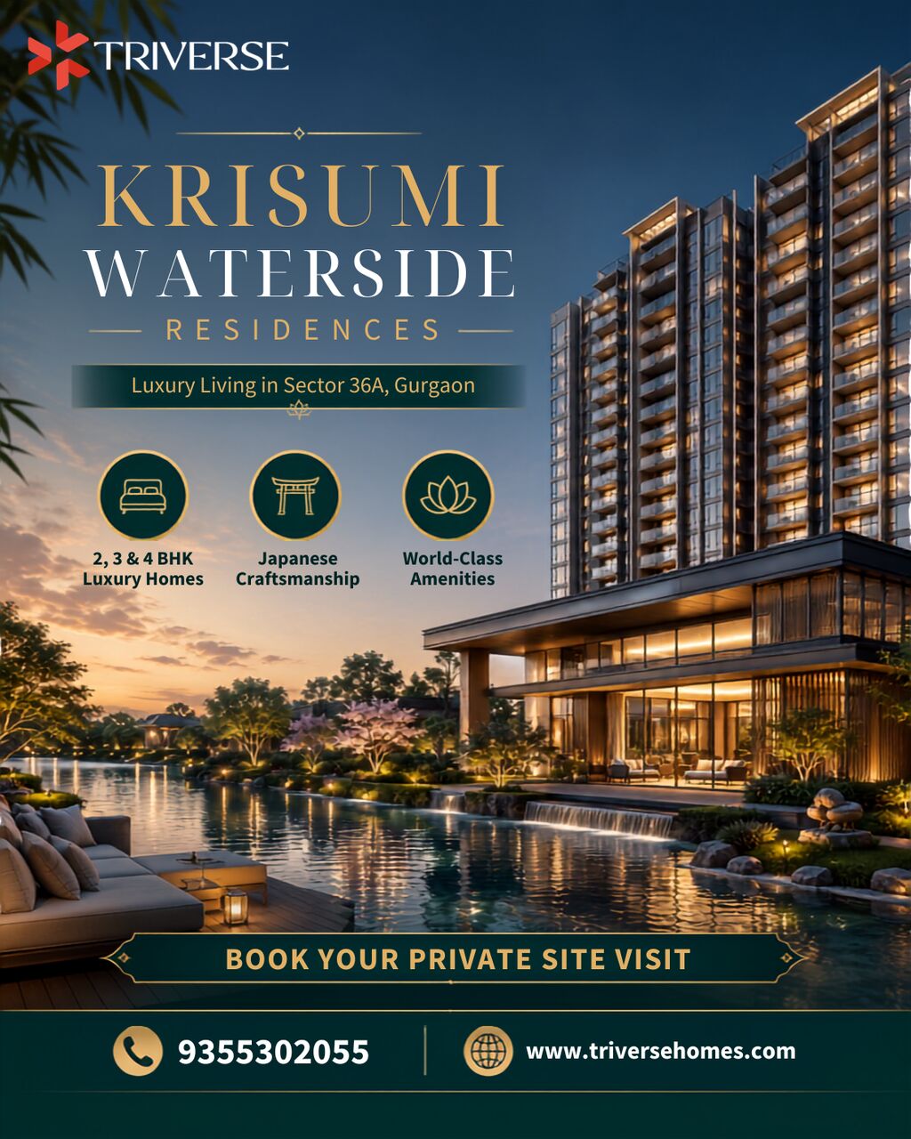 Gurgaon, Real Estate For Sale, INR 59100000,  3 BR,  2585 Sq. Feet,  Krisumi Waterside Residences &mdash; Where Japanese Precision Meets An Indian Skyline