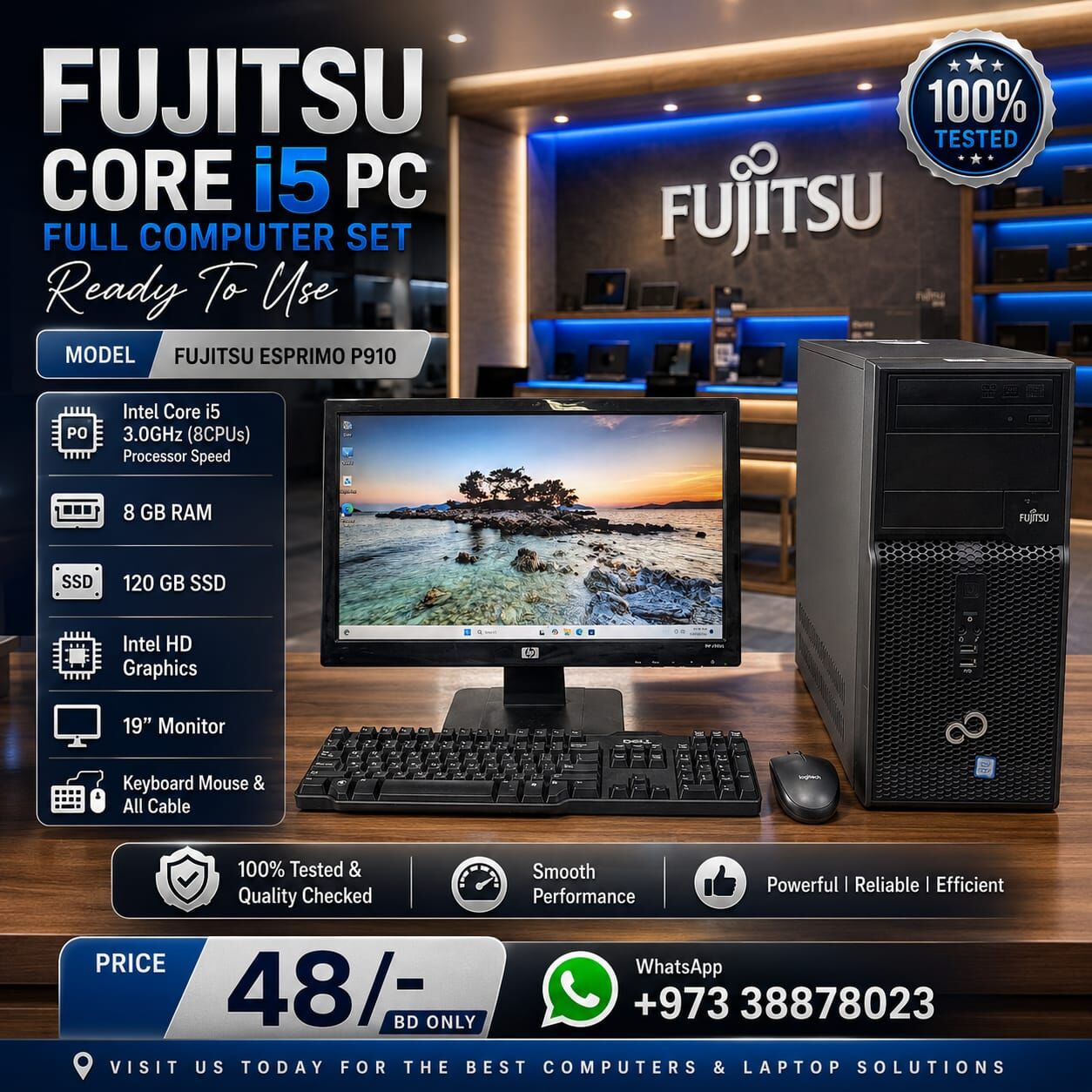 Manama, Computers, BHD 48,  Fujitsu Core I5 Computer Set 8GB RAM 120GB SSD 19" Monitor Win & Office Ready To Ues