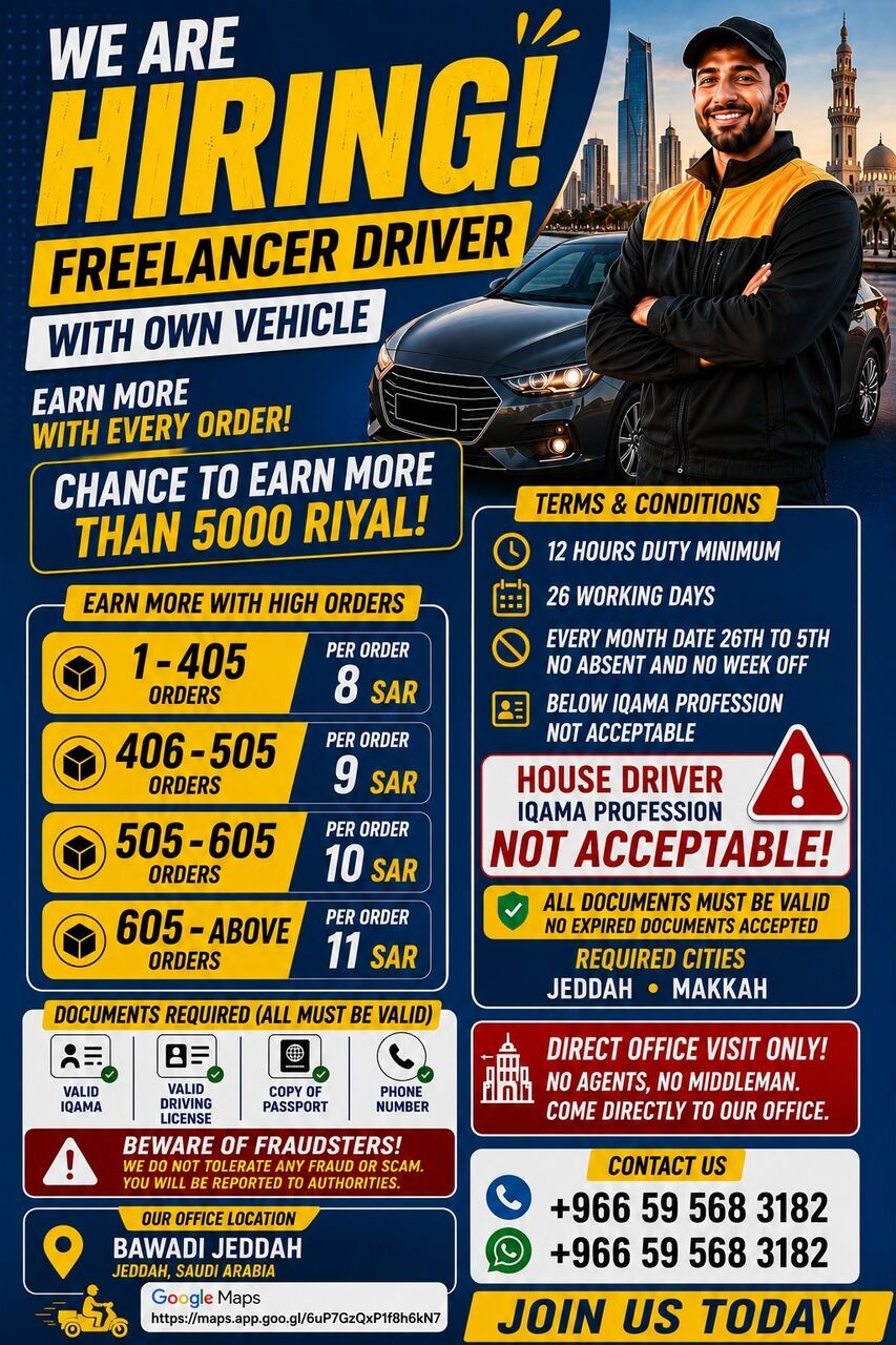 Jeddah, Jobs, HIRING DELIVERY DRIVERS WITH OWN VEHICLE