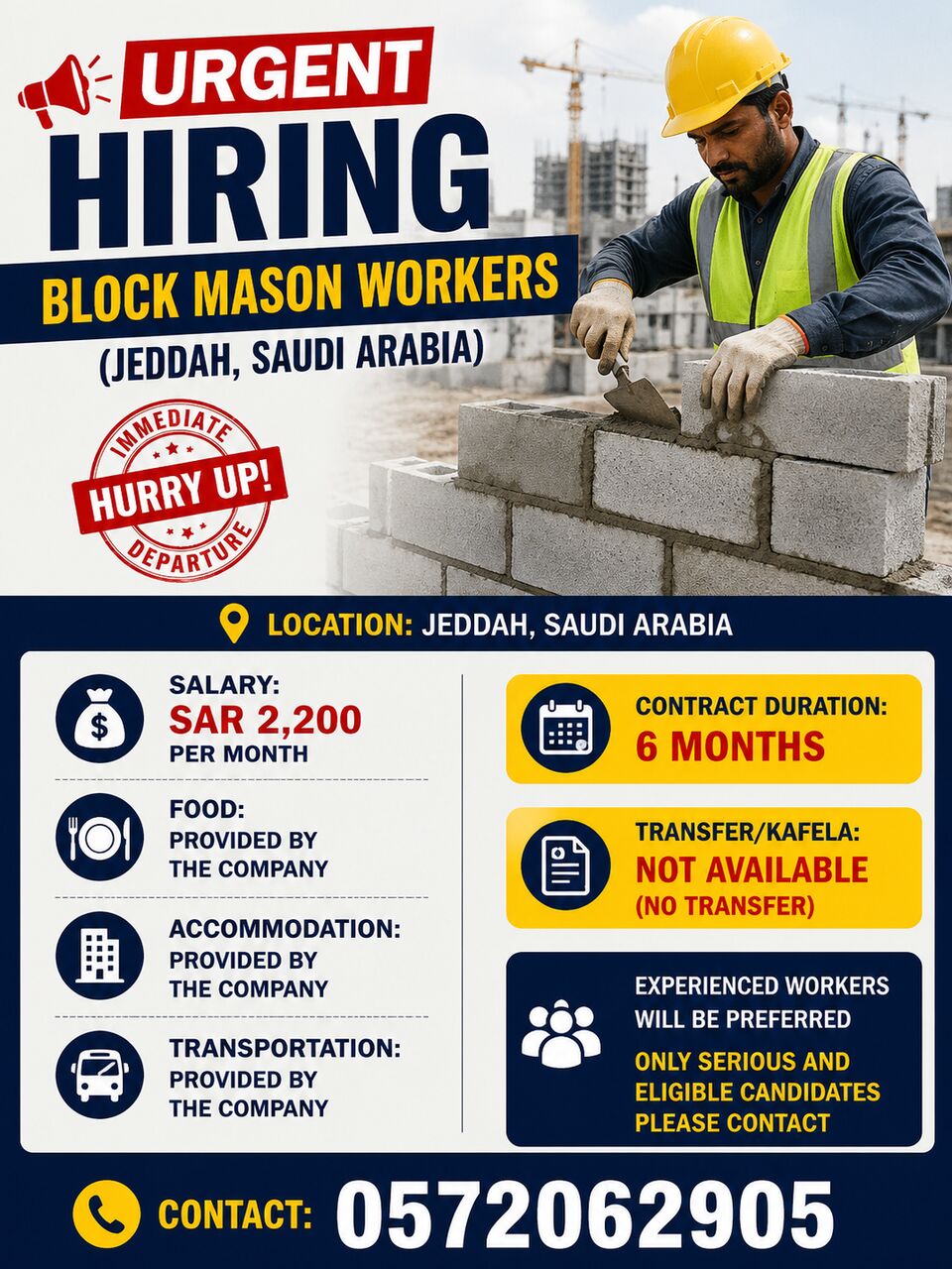 Jeddah, Jobs, Urgent Hiring &ndash; Block Mason Workers (Jeddah, Saudi Arabia)