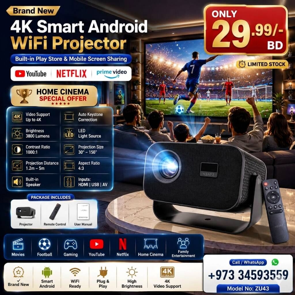 Muharraq, Computers, New 4K Smart Android WIFI Projector Built-In Play Store + Wireless Mobile Screen Sharing