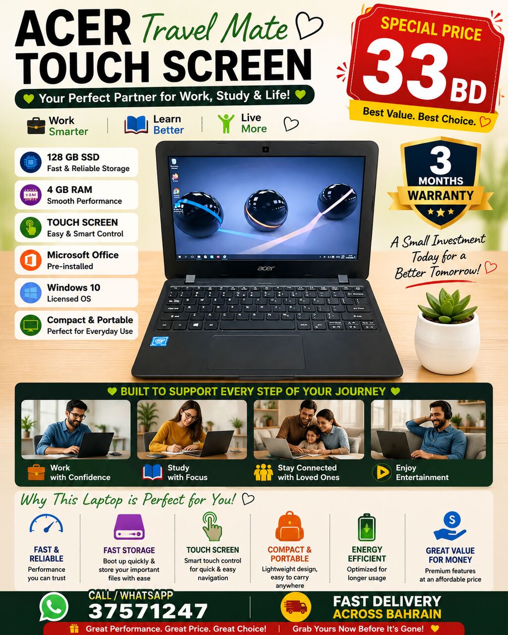 Riffa, Computers, BHD 33,  Touch Screen Acer Travel Mate Laptop 4GB RAM , 128GB SSD Windows 10 Pro Only 33 BD