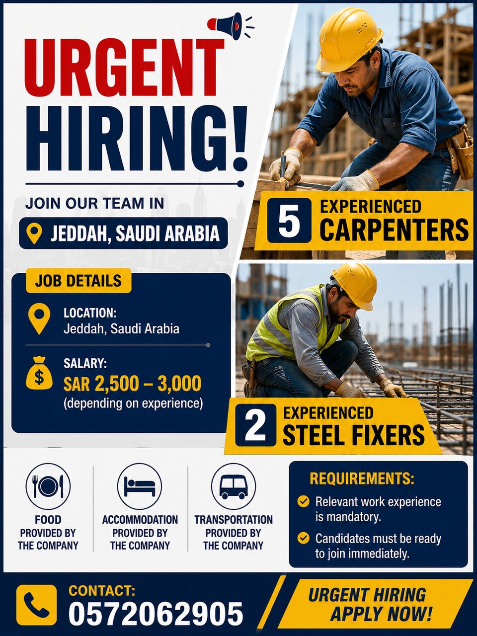 Jeddah, Jobs, Urgent Hiring &ndash; Carpenter & Steel Fixer (Jeddah, Saudi Arabia)