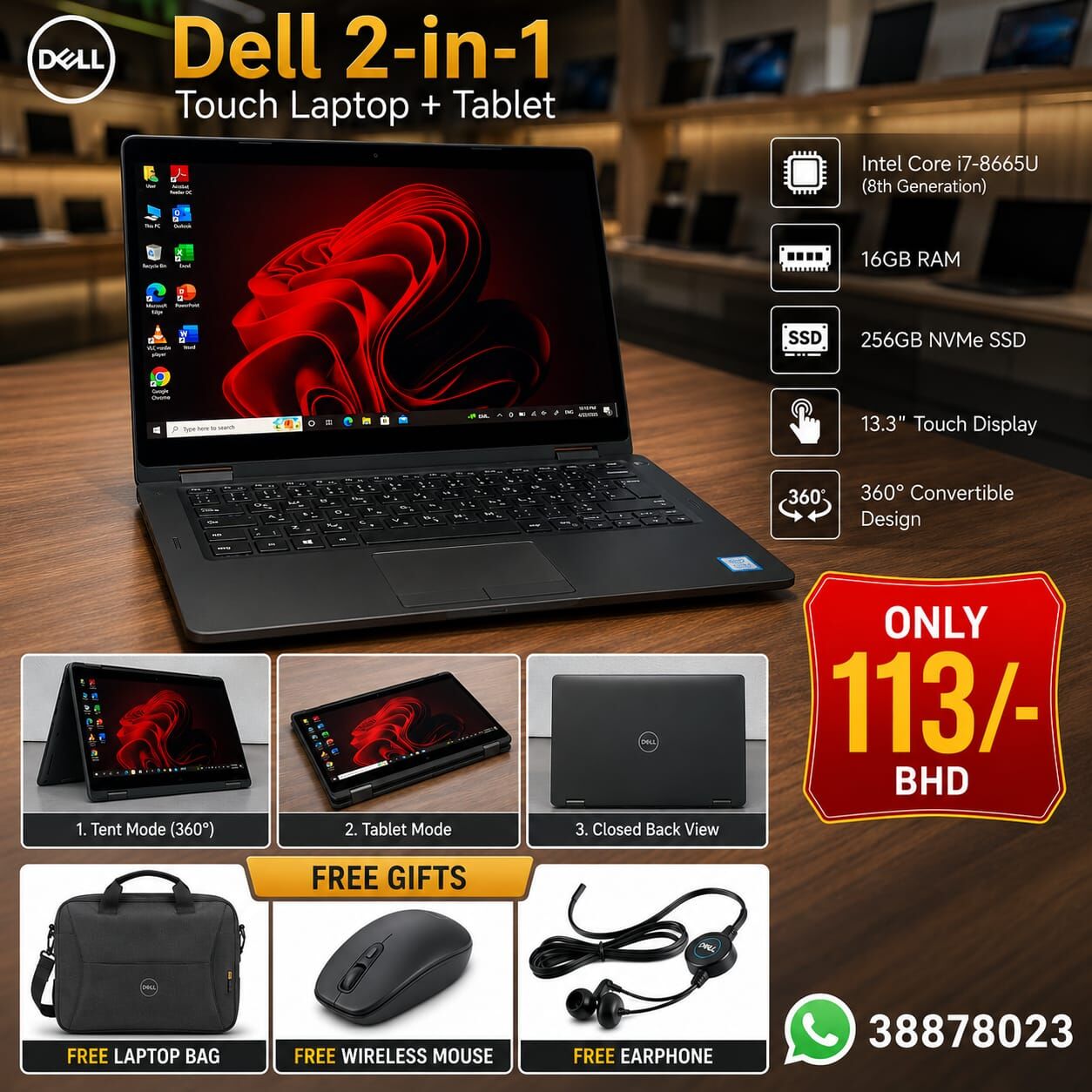 Manama, Tablet Computers, BHD 113,  DELL Core I7 8th Gen 2in1 Touch Laptop+Tablet 16GB RAM 256GB SSD FREE Bag,Mouse & Earphone