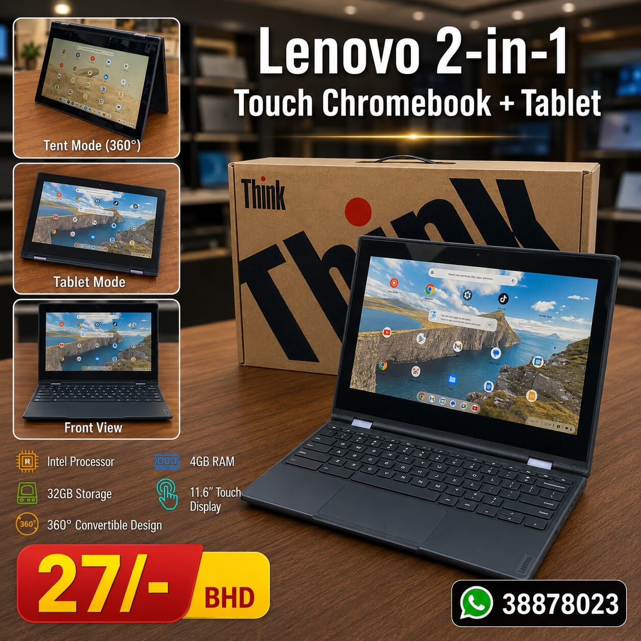 Manama, Computers, BHD 27,  Lenovo 2-in-1 Chromebook+Tablet 11.6" Touch Screen 32GB Memory 4GB RAM With Box