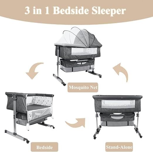 Riyadh, Baby & Kid Stuff, SAR 115,  Adjustable Baby Bedside Crib-Large Storage Basket-Breathable Mattress-360°Swivel Wheels