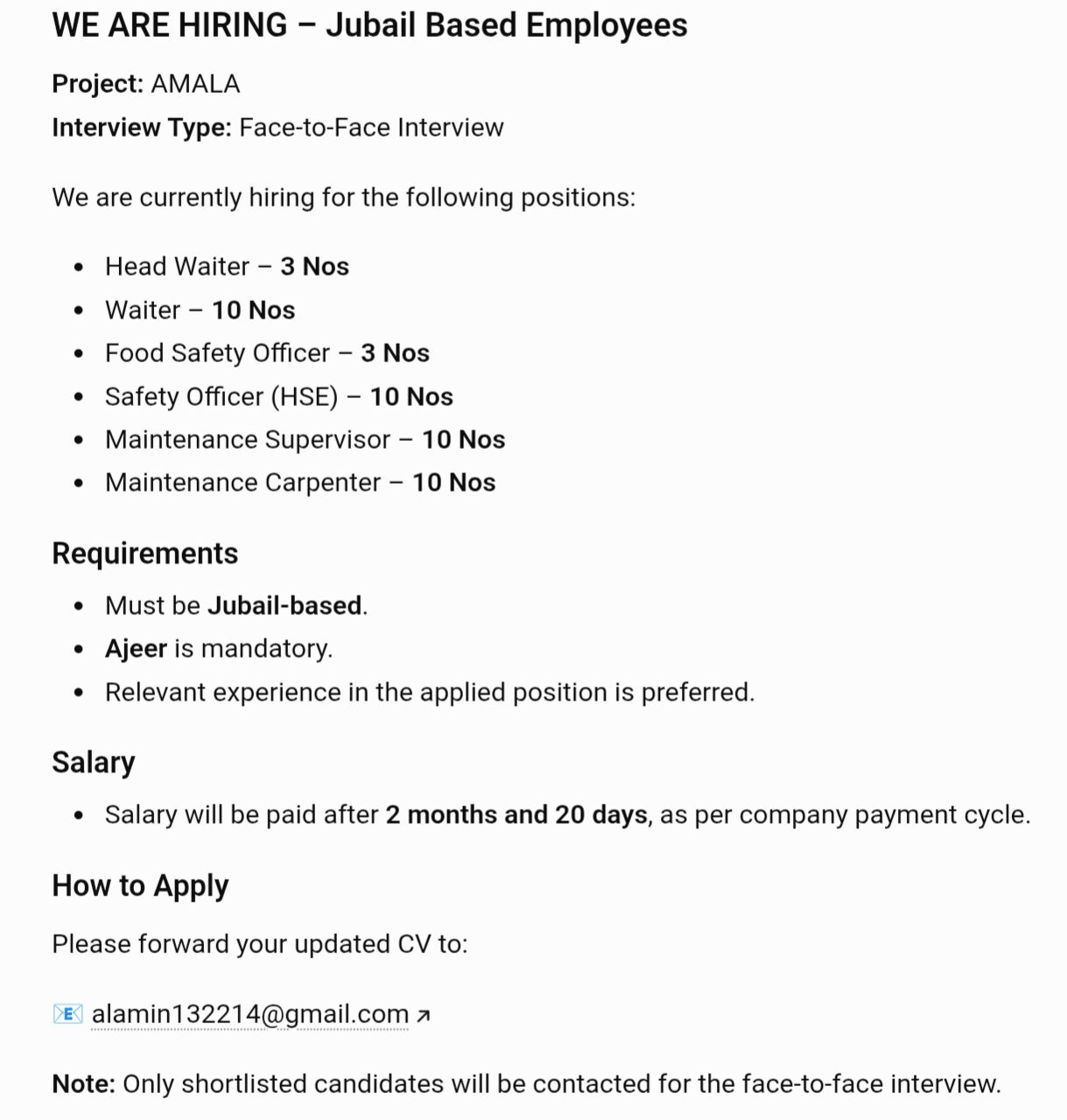 Jubail, Jobs, Skilled Manpower Required