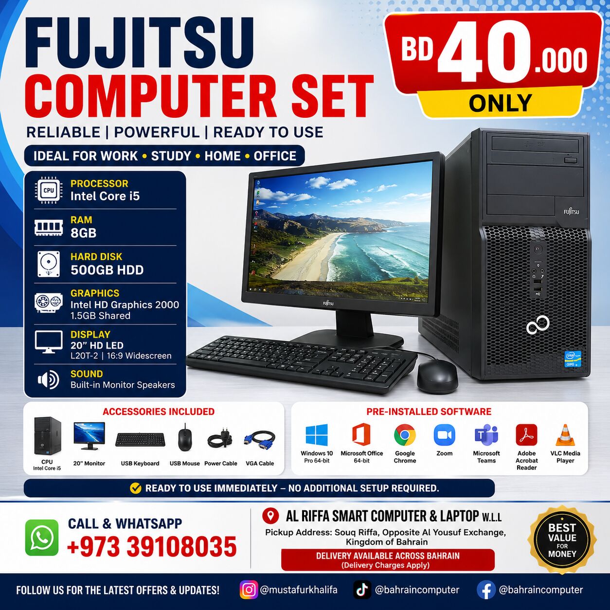 Riffa, Computers, BHD 40,  Fujitsu Computer Set Intel Core I5 8GB/500GB HDD 20-inch Display 40BD
