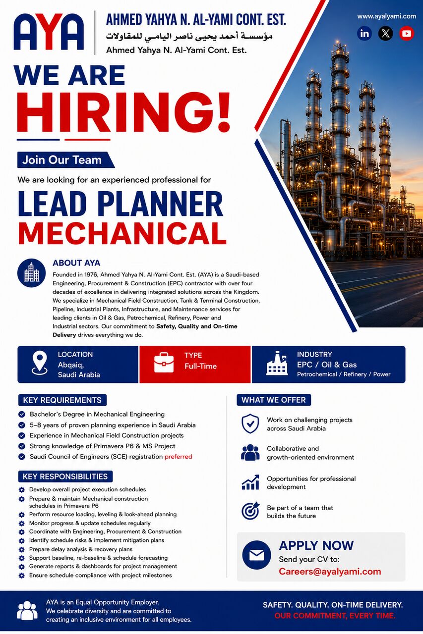 Abqaiq, Jobs, Lead Planner Mechanical