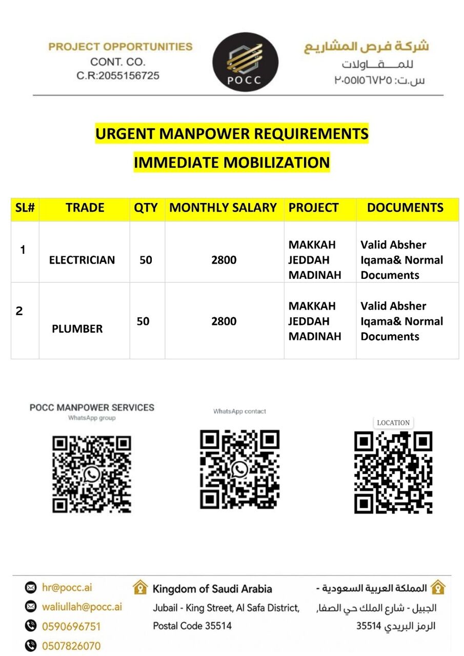Jubail, Jobs, Electrician And Plumber