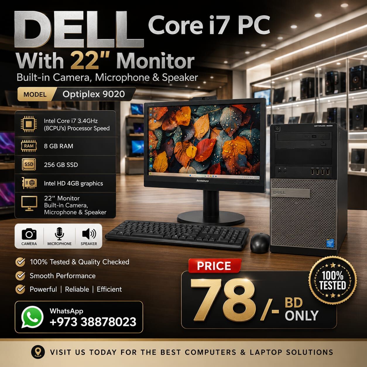 Manama, Tablet Computers, BHD 78,  DELL Core I7 PC 8GB Ram SSD 256GB 22" FHD Monitor Built-in Camera, Microphone & Speaker
