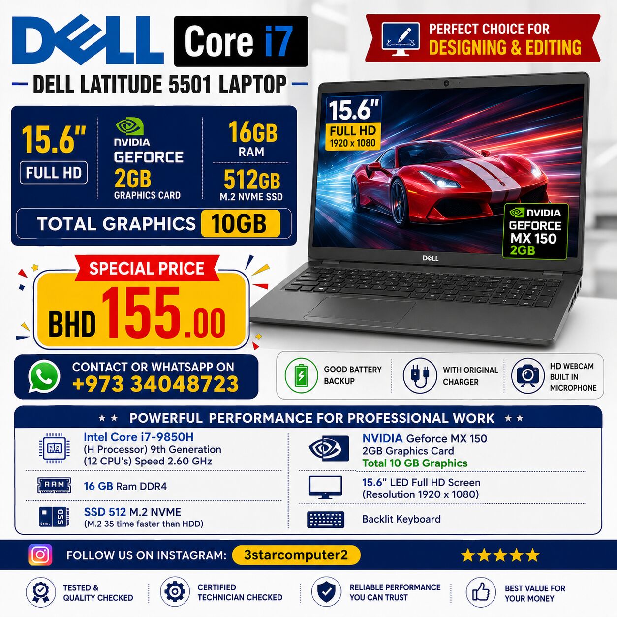 Manama, Tablet Computers, BHD 155,  DELL Workstation Core I7 (H Processor) 2GB Graphic (Total 10 GB) 16GB Ram 15.6" Display
