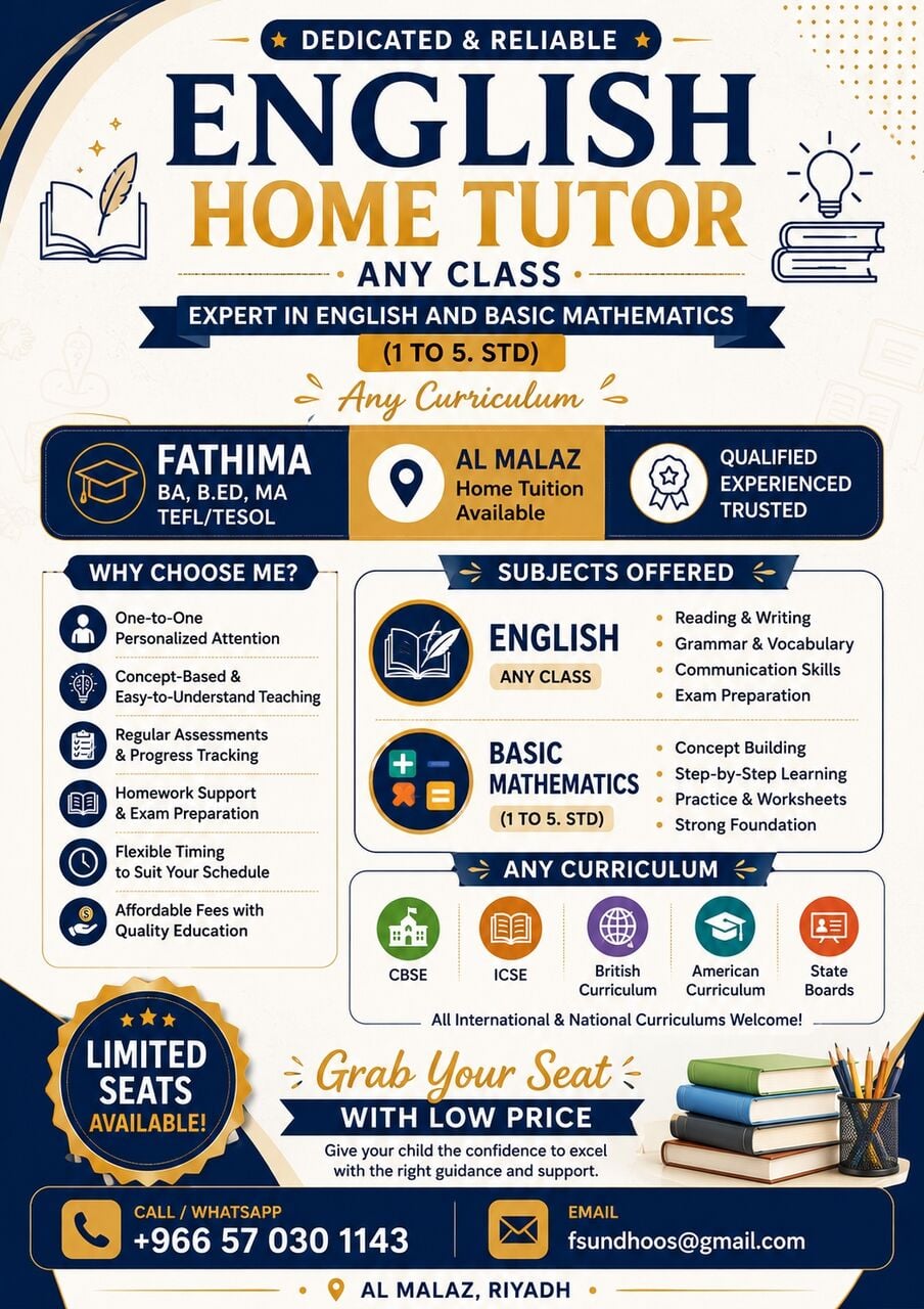 Al Malaz, Lessons Offered, EXPERIENCED & DEDICATED ENGLISH HOME TUTOR 🌟