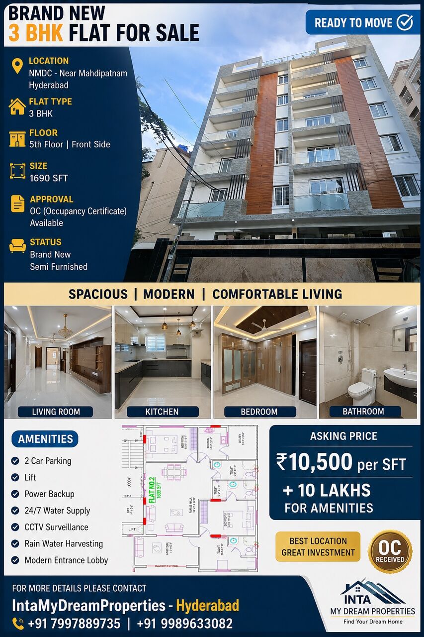 Hyderabad, Real Estate For Sale, INR 10500,  3 BR,  1690 Sq. Feet,  OC Certified 1690 Sft Brand New 3BHK Flat For Sale Near Mehdipatnam-Hyderabad-India