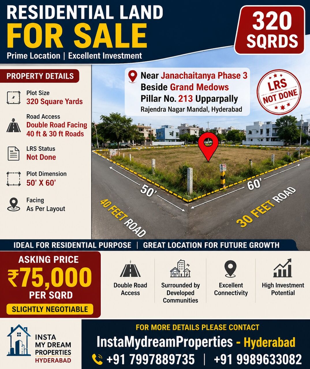 Hyderabad, Residential Plots, INR 75000,  320 Sq. Yard,  Double Road 320 Sqrds Residential Plot For Sale Near Janachaitanya Phase 3-Rajendra Nagar