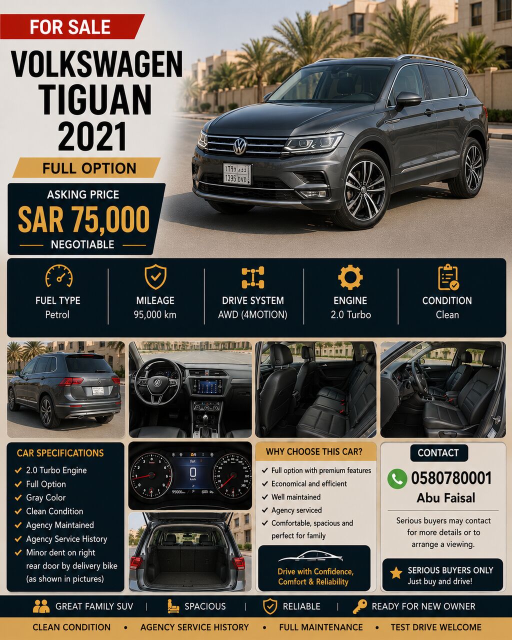 Riyadh, Vehicles, Cars & Trucks , SAR 75000,  Volkswagen Tiguan SE,  2021,  Automatic,  96000 KM,  VW Tiguan  Full Option 2.0T AWD - Agency Maintained