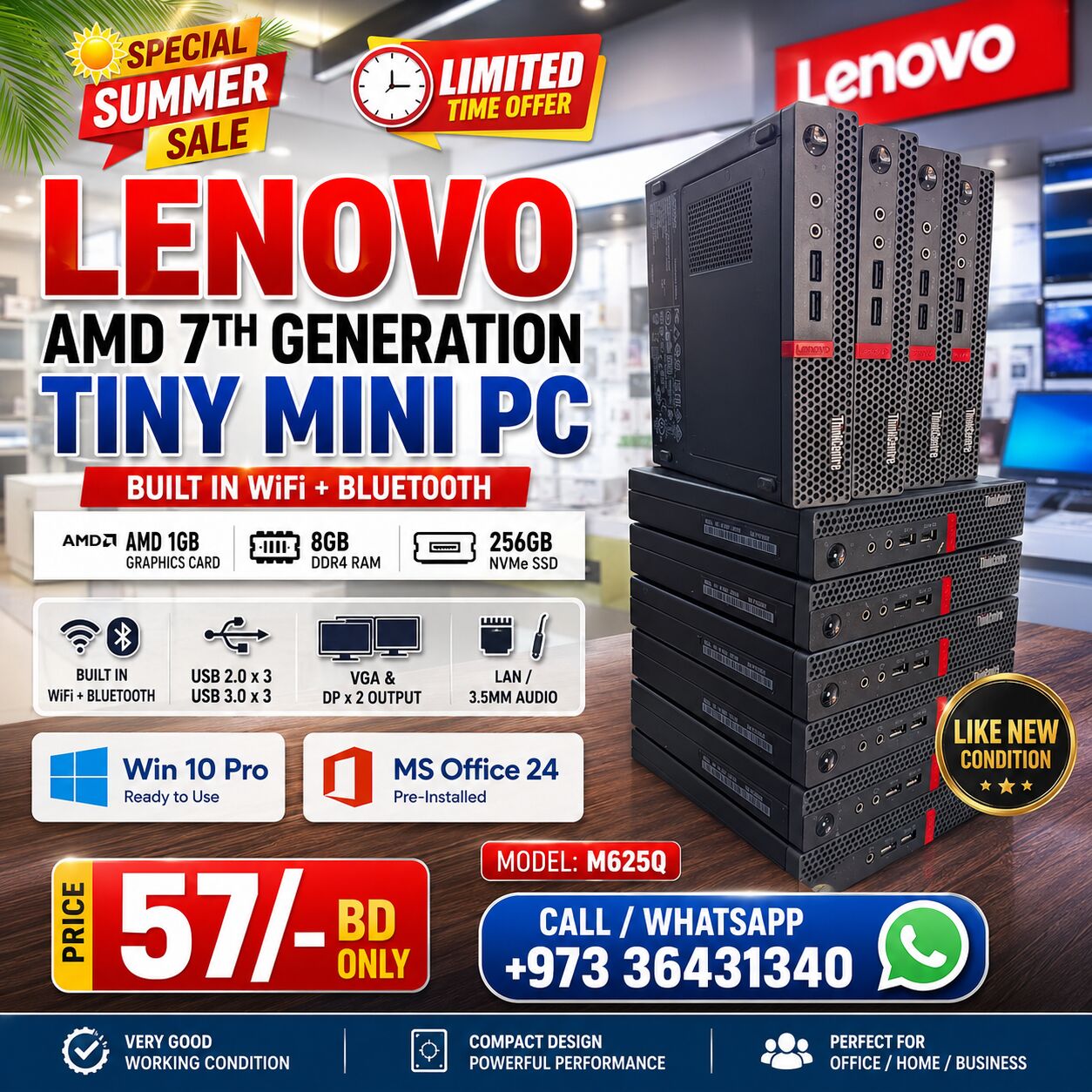 Riffa, Computers, BHD 57,  Special Offer LENOVO Tiny AMD 7th Generation WiFi Computer AMD 1GB Graphics Card 8GB RAM
