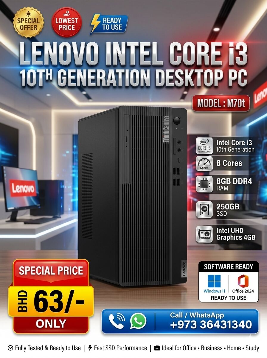 Muharraq, Computers, BHD 63,  Special Offer 10th Generation Lenovo Core I3 Computer 3.6GHz 8GB DDR4 RAM + 256GB NVMe SSD