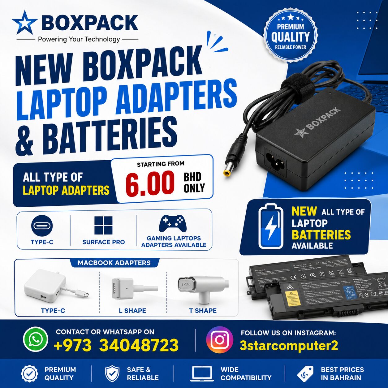 Manama, Computers, BHD 6,  New Box Pack Laptop Adapters, Batteries MacBook,Type-C,Surface Pro & Gaming Laptop Adapter