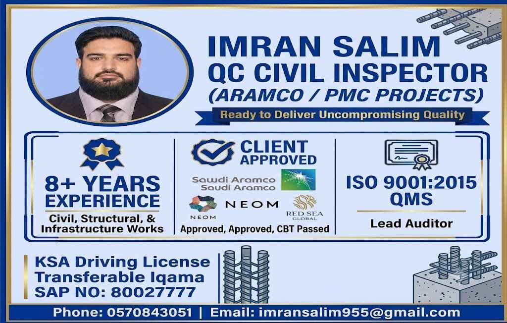 Riyadh, Job Seekers, Quality Control  CIVIL INSPECTOR (ARAMCO APPROVED,CBT QUALIFIED, NEOM APPROVED)